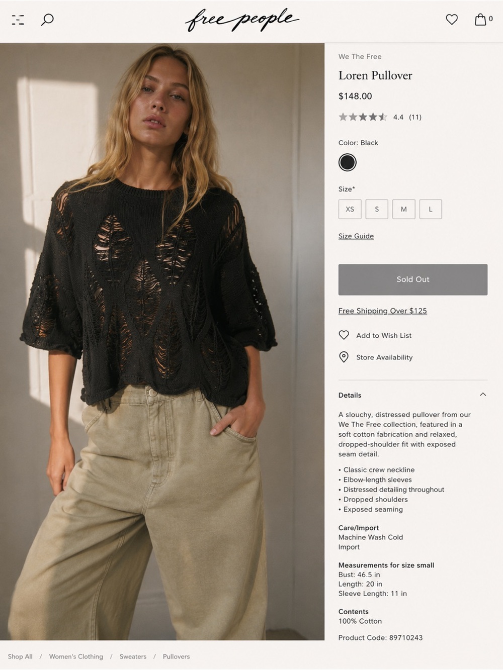 Free People Loren Pullover - Black Distressed Knit